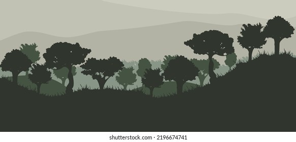 Forest silhouette with trees in green light with hills and hills. Vector stock illustration. Flat style. Plants. Nature. Wallpaper