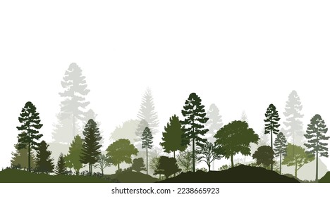 Waldsilhouettenbäume. Vektorgrafik jedes Baumes einzeln. Alle grünen Wälder sehen grünen Schatten, für nahtlose Grenzzeichnung, Architektur und Landschaftsdesign. 