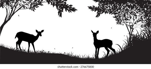 forest silhouette, two small deers shadows, black and white,  bamby, morning, forest life