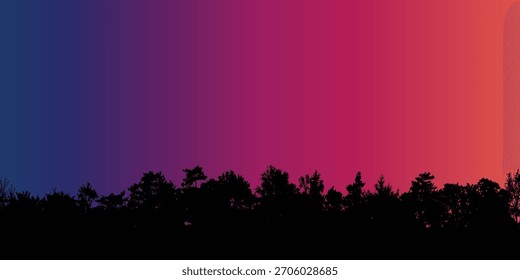 Fondo de Vector de silueta de bosque con vibrante gradiente de puesta de sol cielo azul medianoche a ardiente diseño naranja