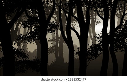 Forest silhouette vector illustration. Foggy jungle