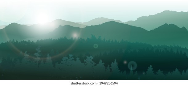 Forest silhouette, vector illustration. People camping, adventure and travel concept, beautiful forest, mountain and sky, double exposure, vector illustration.	
