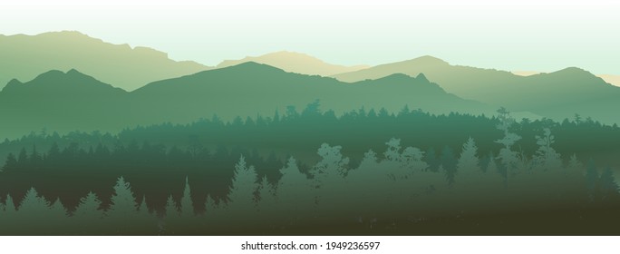 Forest silhouette, vector illustration. People camping, adventure and travel concept, beautiful forest, mountain and sky, double exposure, vector illustration.	
