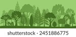 Forest silhouette, vector landscape with different types of trees and bushes. Illustration of green parkland.