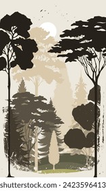 Forest silhouette wallpaper with brush strokes. Silhouette of forest view