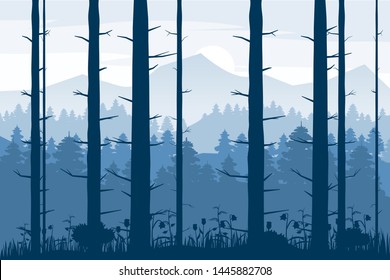 Forest silhouette wood trees, bushes and thickets abstract background. Nature and environment conservation concept flat design.Vector illustration.