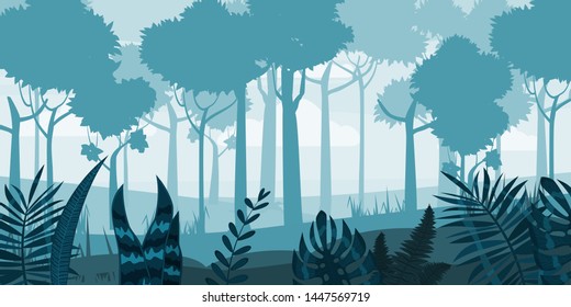 Forest silhouette wood trees, flora bushes and thickets panorama background. Nature and environment conservation concept flat design.Vector illustration.