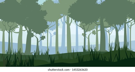 Forest silhouette wood trees, flora bushes and thickets panorama background. Nature and environment conservation concept flat design.Vector illustration.