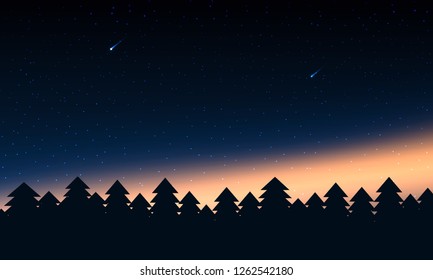 Forest silhouettes with aurora lights and star. Vector illustration.