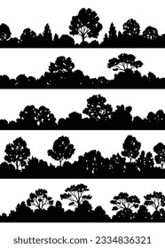 Silhouettes forestales, paisaje natural silvestre. Establecer los campos de bosques de los vectores editables. Siluetas negras Tees ilustración detallada