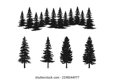 forest silhouettes of pine tree collection set, isolated on white background