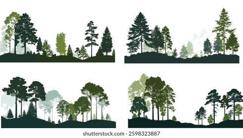 Forest Silhouettes Vector Illustration, Landscape Scenery on White.