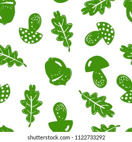 Forest simple sketh drawn by hand pattern with mushroom, acorn, oak, oak leaf, leaf seamless pattern. For wallpapers, web background, textile, wrapping, fabric, kids design.