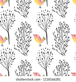 Forest simple sketh drawn hand seamless pattern with birds and forest . For wallpapers, web background, textile, wrapping, fabric, kids design. Scandinavian style