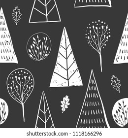 Forest simple sketh drawn hand seamless pattern with tree, foliage, coniferous, spruce, fir. For wallpapers, web background, textile, wrapping, fabric, kids design. Scandinavian style