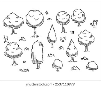 Forest sketch. Drawing pine landscape. Doodle drawn tree. Nature park or garden element. Natural outline plant