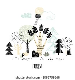 Forest Sketch Hand Drawn. Doodle With Creative Trees. Design For Poster, Card, Bag And T-shirt. Scandinavian Style.