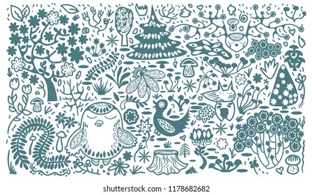 Forest sketch hand drawn illustration. Doodle elements. Textile, blo decoration, banner, poster, wrapping paper.