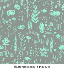 Forest sketch hand drawn  pattern. Doodle seamless pattern with creative trees. Textile, blog decoration, banner, poster, wrapping paper.