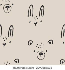 Forest sketch nursery seamless pattern. Bear and hare faces in minimalistic trendy line Scandinavian childish style. Cute animals with a black brush on a beige background