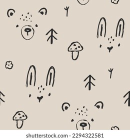 Forest sketch nursery seamless pattern. Bear and hare faces in minimalistic trendy line Scandinavian childish style. Cute animals with Christmas trees and mushrooms with a black brush on a beige