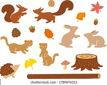 Forest small animals and autumn leaves
hand drawn style illustration set (Squirrel, Rabbit, Hedgehog, Weasel)