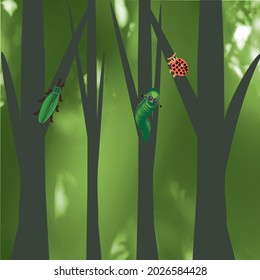 Bosque con insectos pequeños, concepto de abundancia en el bosque, ilustración vectorial 