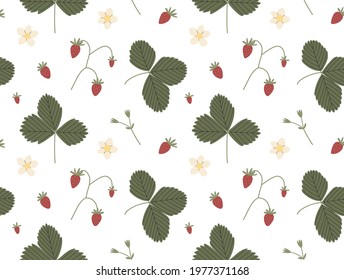 Forest small strawberry vector seamless pattern with branches, leaves, flowers and berries color hand drawn illustration. Isolated on white background.