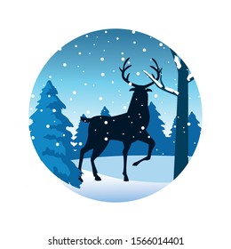 forest snowscape scene with deer silhouette vector illustration design