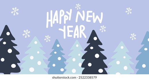 Forest snowy Christmas tree background with inscription. Winter holiday. Merry Christmas and Happy New Year vector elements in doodle flat style