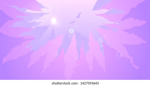 Forest in soft colors with flying birds over the tips of the trees