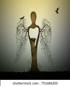 forest soul, tree looks like angel with birds and nest inside, forest spirit,  tree sculpture with birds, tree`s dream, vector