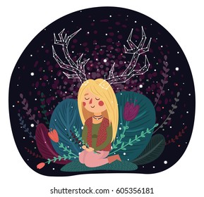 Forest spirit, girl with horns, constellation, vector