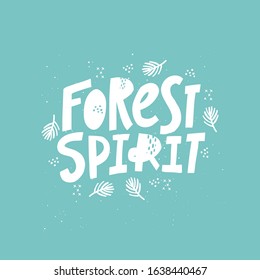 Forest spirit hand drawn monocolor vector lettering. Freehand white inscription isolated on blue background. Tree branches and dot spots design element. Nature ambience, woodland concept