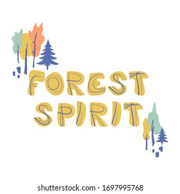 Forest Spirit hand drawn vector lettering. Freehand inscription isolated on white background. Trees and dot spots design element. Nature ambience, woodland concept