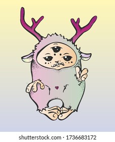 forest spirit with three eyes say hello to you, little cute monster or ghost
