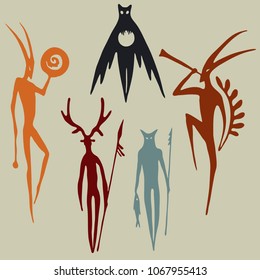 
Forest spirits silhouettes ancient rock carvings