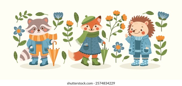 Forest spring characters and plants set. Woods animals - raccoon, fox, hedgehog in warm clothes, rubber boots with umbrella. Flowers, leaves, branches, botanical elements vector collection.	
