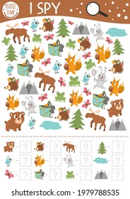 Forest I spy game for kids. Searching and counting activity for preschool children with woodland animals and nature elements. Funny printable worksheet for kids with birds and insects. Simple puzzle