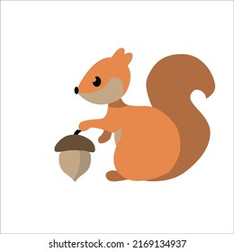 Forest Squirrel With An Acorn. Vector Illustration Isolated On White Background.