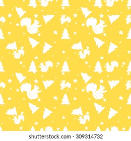 Forest squirrel and fir seamless pattern. Vector winter holidays yellow background. Funny baby design for kids fashion