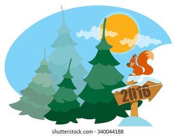 Forest squirrel and firs, new year, greeting card