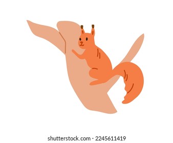 Forest squirrel on tree branch. Woods animal, small cute wild rodent. Happy woodland character. Little friendly mammal. Childish flat vector illustration isolated on white background