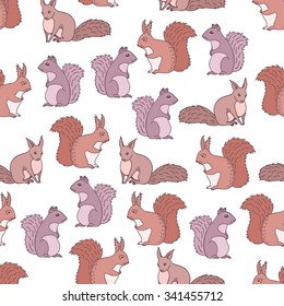 Forest squirrel seamless pattern on white background.