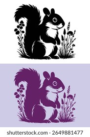 Forest Squirrel Silhouette with Wildflowers - Line Art Style
