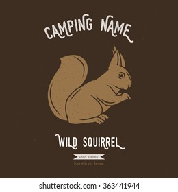 Forest squirrel vector illustration. European animals silhouettes with lettering chalk board. Camping logo design.