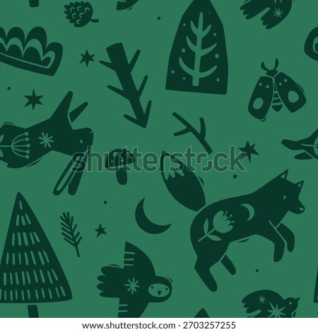 Forest stamp pattern. Folk seamless vector dark print with woodland animals and plants.