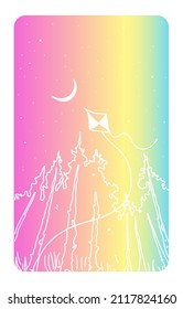Forest and starry sky. Moon, stars, northern lights. Abstract print with color gradient. Art line. Vector illustration for printing on clothes, dishes, postcards.