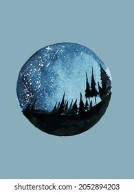 Forest and starry sky vector illustration for design, stikers or greetings.