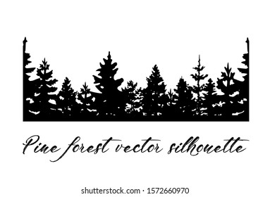 Forest stencil vector background.Silhouette of pine,fir,cypress trees.Christmas tree drawing.Winter spruces landscape border banner design.Wooden decor element for Happy new year isolated on white.